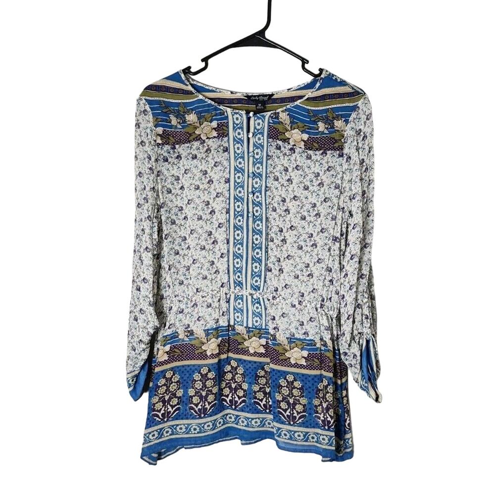Lucky Brand Savannah Gypsy Boho Peasant Top Blouse Size Medium Blue‎ Floral